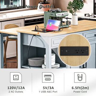 Sunvega Extendable Kitchen Island with Dining Table Internal Storage and Power Outlet