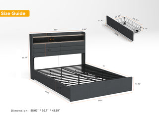 Sunvega Queen Upholstered Bed Frame with Headboard LED Lights Charging Station and 4 Storage Drawers