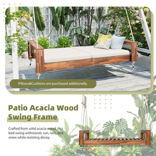 Sunvega Twin Size Acacia Wood Porch Swing Bed with Hemp Ropes for Garden