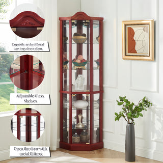Sunvega Antique Glass Corner Cabinet with Adjustable Shelves and Built-in Light