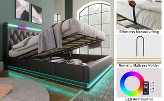 Sunvega Full Size Upholstered Bed with 360 LED Lighting Hydraulic Storage and USB Charging