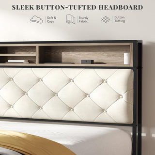 Sunvega King Size Platform Bed Frame with Charging Station and Upholstered Storage Headboard