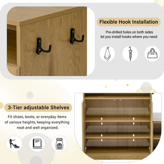 Sunvega Entryway Cabinet with Shoe Bench, 3-Tier Adjustable Shelves and Wavy Slatted Door