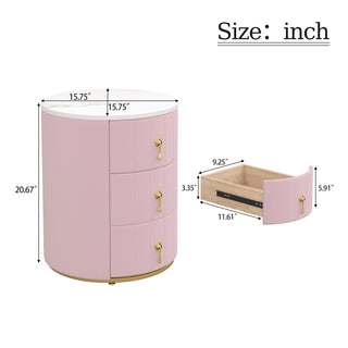 Sunvega Upholstered Round Nightstand with 3 Drawers and Marbling Top