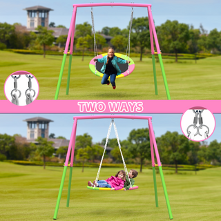 Sunvega Heavy-Duty A-Frame Metal Outdoor Swing Set with Saucer and Belt Swings