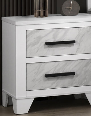 Sunvega White Rubberwood Nightstand with Faux Marble Inset and Black Bar Pulls