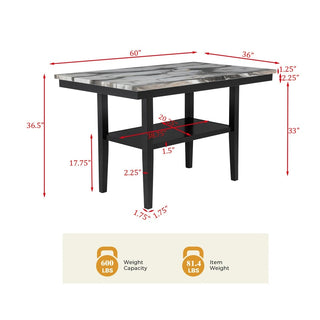 Sunvega 60 Inch Counter Dining Table with Black Base and Marble Top