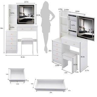 Sunvega 37 Inch Left Bedside Vanity Table with Cushioned Stool and Sliding LED Mirror