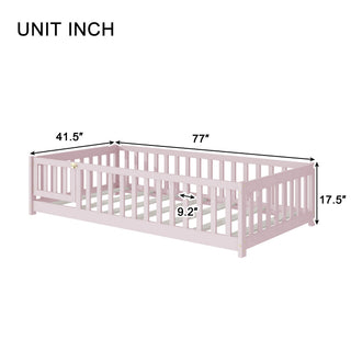 Sunvega Natural Rubber Wood Twin Size Floor Bed with Safety Guardrails and Door