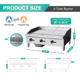 Sunvega CSA Certified 36 Inch Commercial Countertop Griddle with 90000 BTU