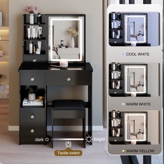 Sunvega Small Size Left Drawer Vanity Table with Cushioned Stool and LED Mirror for Small Spaces