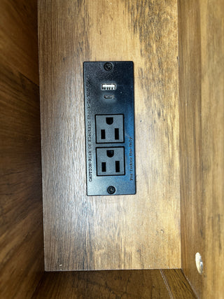 Sunvega Farmhouse End Table with Charging Station, Barn Door, and Drawer for Bedroom