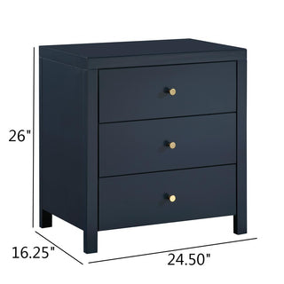 Sunvega Modern Midnight Blue 3-Drawer Nightstand with Brushed Gold Knobs