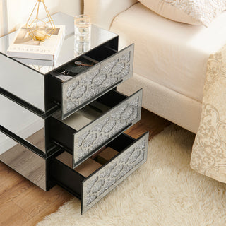 Sunvega Modern Mirrored Nightstand with 3 Drawers and Crystal Handles for Bedroom