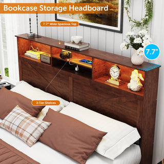 Sunvega Farmhouse Full Size Bed Frame with Storage Headboard, Drawers, Charging Station & LED Lights