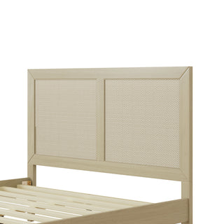Sunvega Solid Wood Queen Bed Frame with Rattan Headboard and Silent Slats