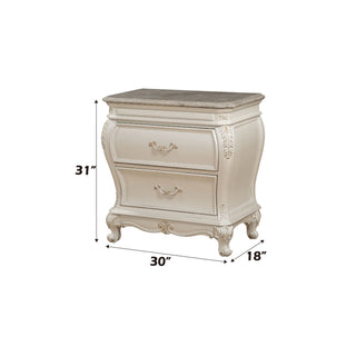 Sunvega Pearl White Finish Nightstand with Granite Top and Two Spacious Drawers