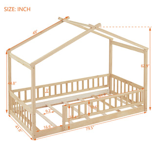 Sunvega Full Size House Bed Frame with Playhouse Fence and Roof for Kids