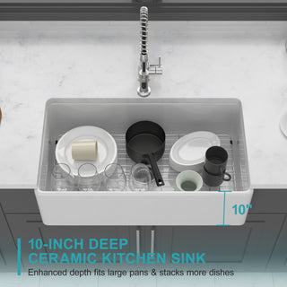 Sunvega 33 Inch White Porcelain Ceramic Farmhouse Kitchen Sink Workstation with Reversible Apron