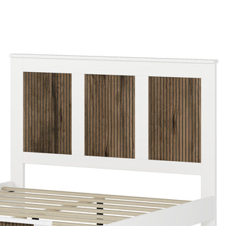 Sunvega White Farmhouse Queen Platform Bed with Wooden Strip Decoration and Plywood Slats