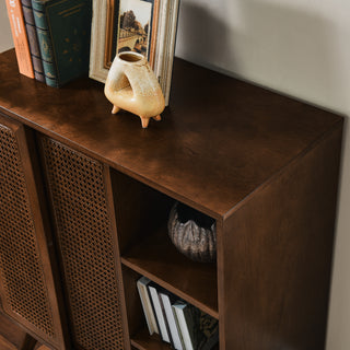 Sunvega Mid Century Modern Rattan Sideboard Cabinet with Adjustable Shelves and Solid Wood Feet