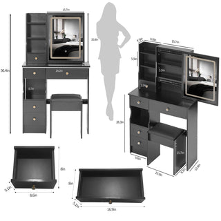 Sunvega Small Size Left Drawer Vanity Table with Adjustable LED Mirror and Stool