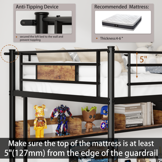 Sunvega Twin Loft Bed with L-Shaped Desk, Charging Station, Fabric Drawers & Safety Guardrail