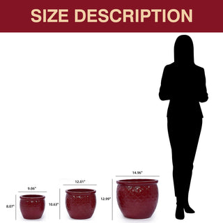 Sunvega Handmade Ceramic Flower Pot Set of Three Graduated Sizes with Floral Embossed Pattern