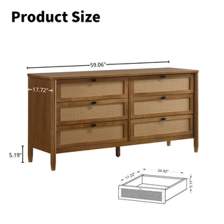 Sunvega 6-Drawer Dresser with Rattan Fronts and Solid Wood Frame in Walnut