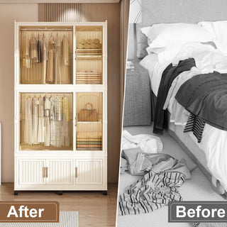Sunvega Portable Wardrobe Closet Storage Organizer with 9 Magnetic Doors and Hanging Rod