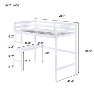 Sunvega Pink Rubber Wood Twin High Loft Bed with Safety Guardrail and Built-in Desk