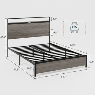 Sunvega Modern Wood and Metal Platform Bed Frame with LED Headboard USB Charging