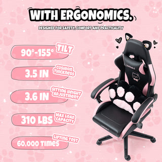 Sunvega Cute Cat Gaming Chair with Paw Lumbar Cushion for Girls and Teens