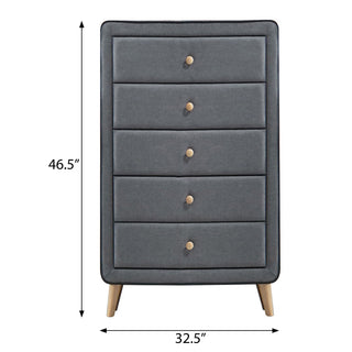 Sunvega Light Grey Upholstered 5-Drawer Chest with Wooden Tapered Legs for Bedroom