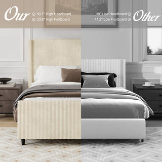 Sunvega Cream Queen Size Corduroy Upholstered Bed Frame with Winged Headboard