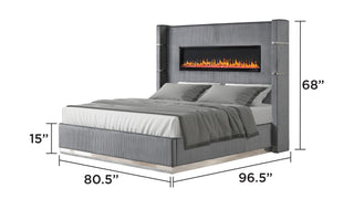 Sunvega King Size Upholstered Wooden Bed with Bluetooth Speakers and USB Ports