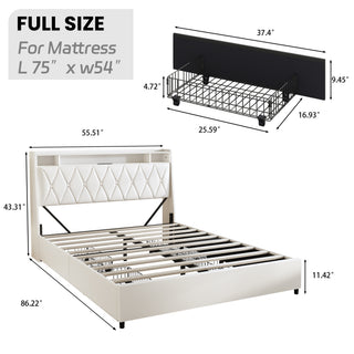 Sunvega Queen Bed Frame with Ergonomic Headboard Outlets Charger LED Light Storage