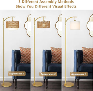 Sunvega Adjustable Farmhouse Arc Floor Lamp with Rattan & Fabric Shades and Remote