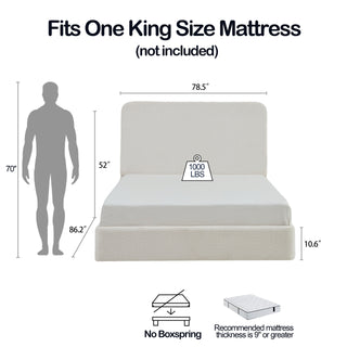 Sunvega Pearl White Chenille Upholstered King Bed with 52 Inch Tall Headboard