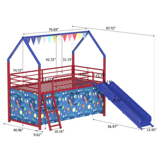 Sunvega Marvel Superhero Metal Twin Loft Bed with Slide and Curtain Set