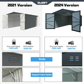 Sunvega 20x13 FT Outdoor Metal Garage Shed with 2 Lockable Doors and 4 Vents