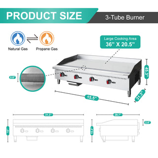 Sunvega CSA Certified 48" Stainless Steel Commercial Gas Griddle with 120000 BTU