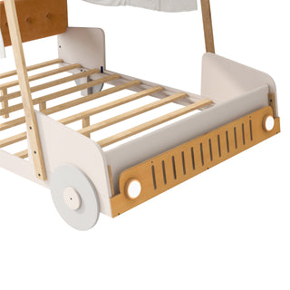 Sunvega Full Size Car Bed with LED Lights, Pillow, and Sturdy Wood Frame for Kids