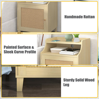 Sunvega Farmhouse Nightstand with Charging Station Rattan Door and Adjustable Shelf