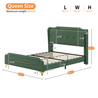 Sunvega Queen Size Leather Bed Frame with Wingback Headboard and Gold Metal Decor