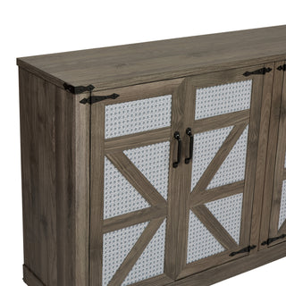 Sunvega 65-Inch Rustic Oak Faux Rattan Sideboard with Four Barn Doors for Living Room