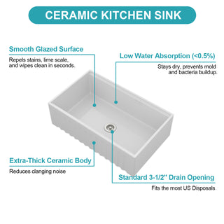 Sunvega 33 Inch White Porcelain Ceramic Farmhouse Kitchen Sink Workstation with Reversible Apron