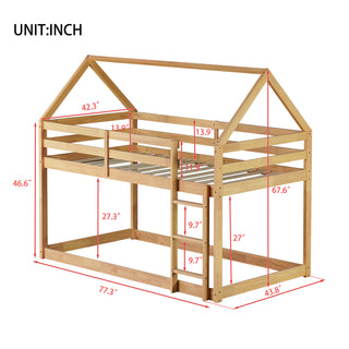 Sunvega Rubber Wood Twin over Twin Bunk Bed with Ladder and Guardrails