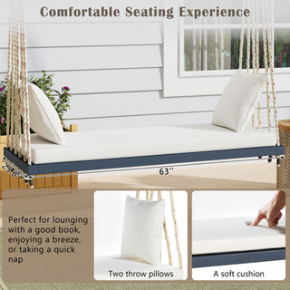 Sunvega Patio Wooden Swing Chair with Cushion and Pillows, Hanging Porch Bench for Garden and Backyard