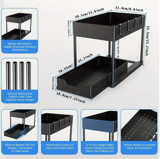 Sunvega Black 11-Pack Extendable Two-Tier Sink Cabinet Storage Shelf